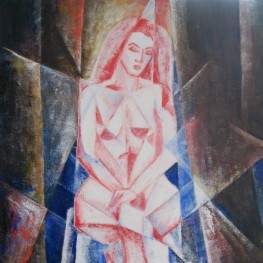 Gemälde in Acryl mit Darstellung einer Frau mit einem Speer